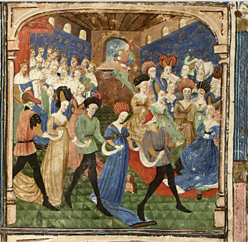 Dancing at Camelot, 1450-1460, Tristan in prose, Ms 527, folio 1, Bibliothèque Municipale de Dijon